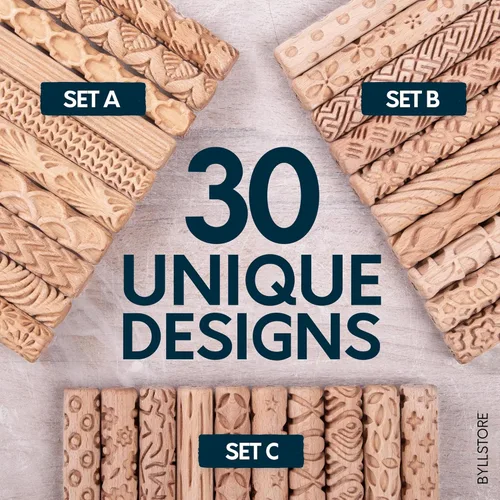 Miniatura 5 de Byllstore Rodillos de textura de arcilla Paquete de 10 5 pulgadas x 0.65 pulgadas Herramientas de cerámica de madera prémium