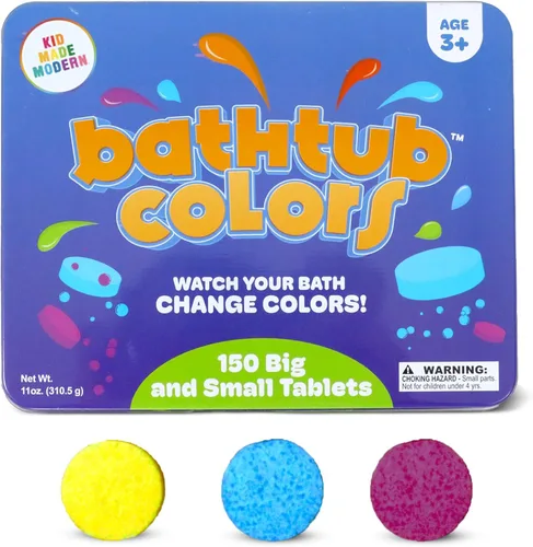 Kids Made - Tabletas modernas de color de baño para niños, 150 gotas de baño no tóxicas para niños pequeños, tabletas de color azul, amarillo, rosa