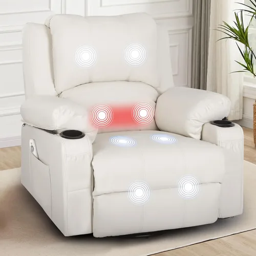 Miniatura 8 de Mecedora reclinable giratoria de piel sintética con portavasos para calor y masaje, silla mecedora con relleno, silla reclinable con calefacción