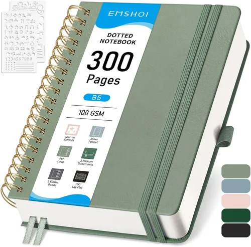 Miniatura 28 de EMSHOI Cuaderno de Espiral con Puntos para Bullet Journal - 300 Páginas, Cuero de Tapa Dura A4, Cuaderno de Cuadrícula de Puntos Gruesos de 100 GSM