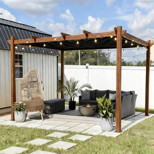 Miniatura 31 de PURPLE LEAF Pérgola retráctil para exteriores de 10 x 10 pies con toldo, refugio de metal para patio, jardín, pabellón, marco de grano de madera