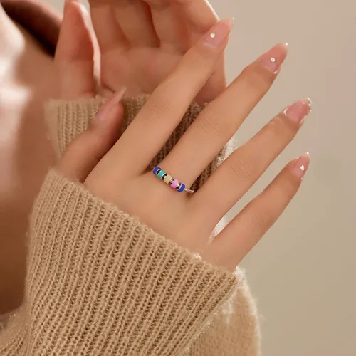 Miniatura 3 de LOVECOM Anillo giratorio de plata de ley 925 con cuentas esmaltadas coloridas para mujer, anillo giratorio antiansiedad, giratorio, apilable