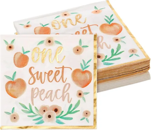 Sparkle and Bash Servilletas de papel melocotón – 6.5 x 6.5 pulgadas, paquete de 50 unidades, 1 capa – Servilletas de diseño floral y borde dorado