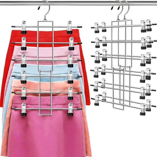 Perchas para pantalones con clips, organizador de armario colgante de ahorro de espacio de 6 niveles, perchas para faldas con gancho giratorio de