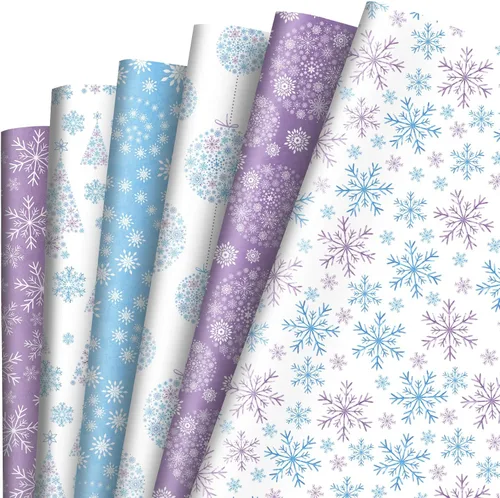 12 hojas de papel de regalo de Navidad de invierno, papel de regalo de copo de nieve azul morado para manualidades, embalaje de regalo, 19.7 x 27.6