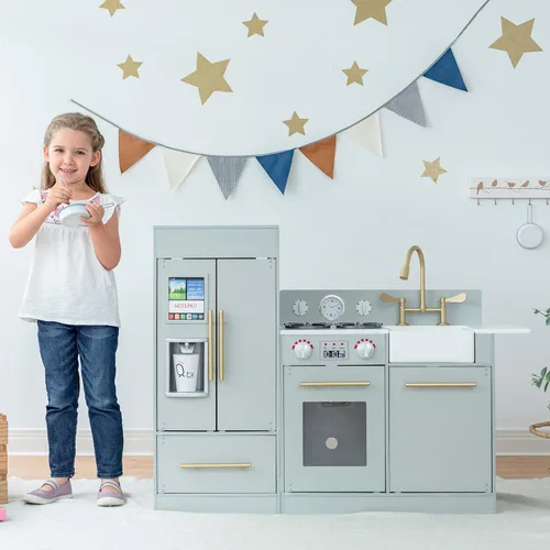 Miniatura 4 de Teamson Kids Little Chef Charlotte - Cocina Moderna Modular Interactiva de Madera para Jugar con Refrigerador, Estufa y Lavabo en Gris con Acentos