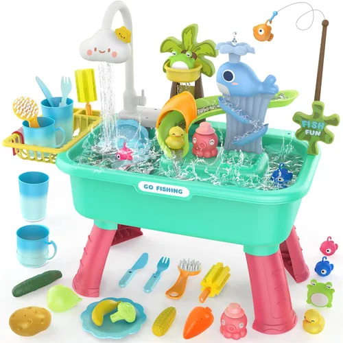 4-en-1 Juguetes de fregadero de cocina con agua corriente para niños, juguete de mesa eléctrica que cambia de color con animales, alimentos, Azul