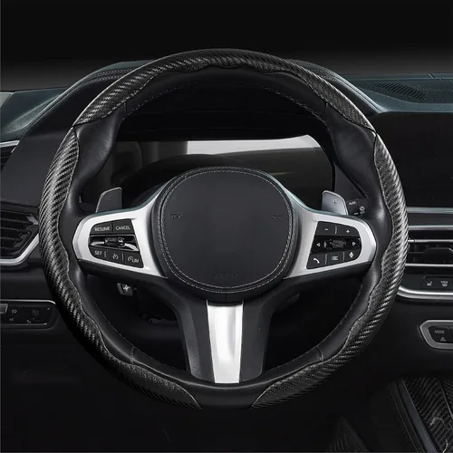 Miniatura 2 de Cubierta del volante de fibra de carbono Accesorios de la cubierta del volante del coche 14.5-15 pulgadas universal (negro)