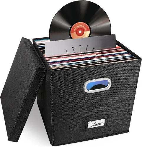 Miniatura 9 de Juego de 2 cajas de almacenamiento de discos de vinilo, para más de 100 LPs individuales (12 pulgadas), caja apilable de lino con tapa, soporte