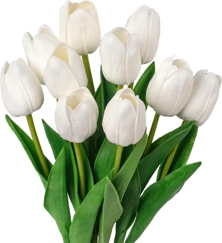 10 tulipanes falsos blancos falsos tulipanes con tallos, flores artificiales para decoración, flores falsas blancas, ramo de primavera para