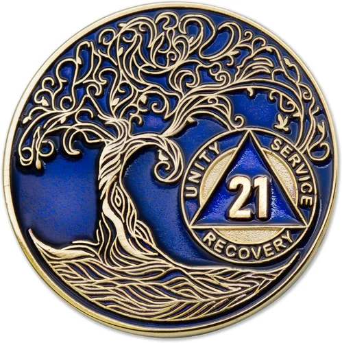 Miniatura 165 de 20 Year Sobriety Mint Twisted Tree of Life - Medallón de recuperación AA chapado en oro, fichas y fichas, color negro