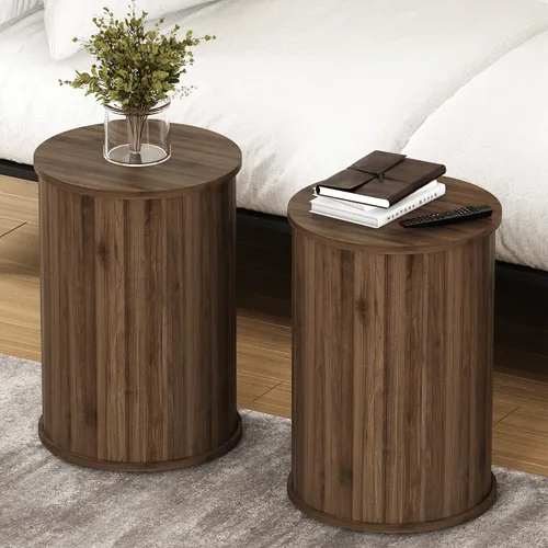Mesa auxiliar redonda acanalada para sala de estar, moderna mesa auxiliar de madera para sofás y espacios pequeños, mesa de noche de 21.9 pulgadas