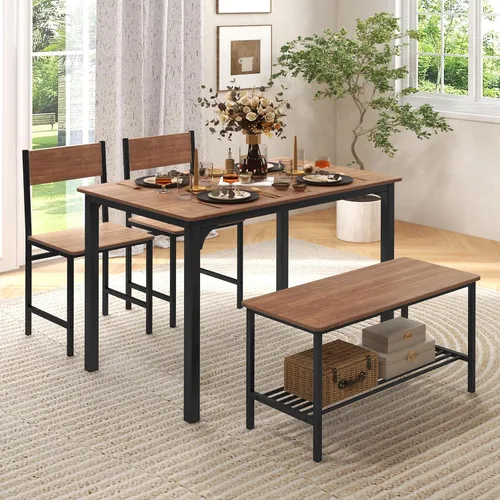Miniatura 9 de GOFLAME Juego de mesa de comedor de 4 piezas para 4, mesa de cocina industrial con 2 sillas y banco, juego de mesa de desayuno que ahorra espacio