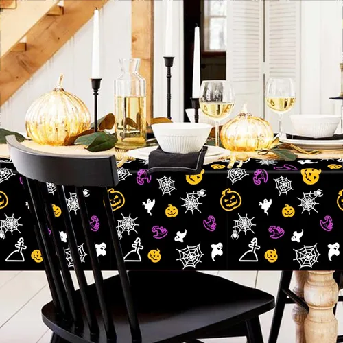 Miniatura 2 de Paquete de 3 manteles de tela de araña de Halloween de plástico, 54 x 108 pulgadas, manteles rectangulares desechables para decoración de fiesta