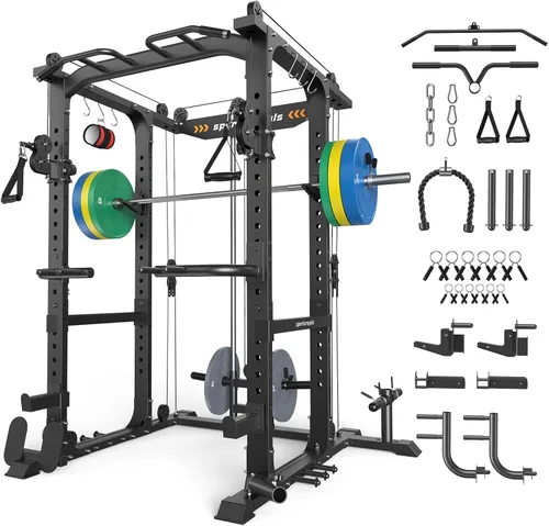 Miniatura 26 de Sportsroyals Jaula de Potencia, Rack de Potencia Multifuncional de 1600 libras con Sistema de Cruce de Cable Ajustable y Más Accesorios de Azul