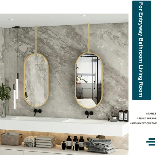 Miniatura 7 de Espejos de baño para tocador, espejo dorado montado en el techo con marco de metal y barra para colgar en el techo, espejo de pared decorativo