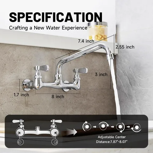 Miniatura 2 de modelo 4353 - Grifo de montaje en pared, grifo de cocina con boquilla giratoria de 8 pulgadas, cuello de cisne de 8 pulgadas, centro de 2 asas