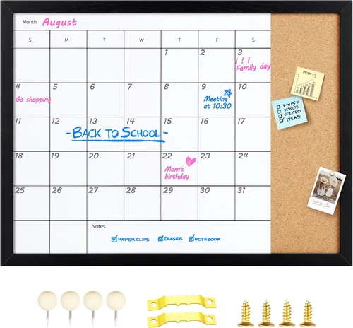 Pizarra de borrado en seco y tablero de corcho, calendario mensual de superficie magnética, pizarra blanca y tablero de anuncios, calendario