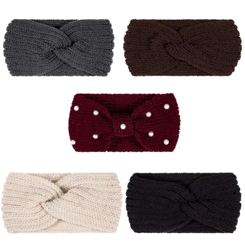 Whaline - 5 diademas tejidas de invierno, diademas mullidas tejidas, 4 envolturas de turbante elásticas y 1 banda de pelo de ganchillo de perla,