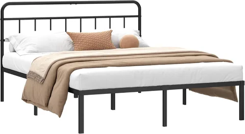 Miniatura 8 de Kujielan Marco de cama tamaño Queen de 12 pulgadas con cabecera minimalista, base de plataforma de metal con listones de metal fuertes, base
