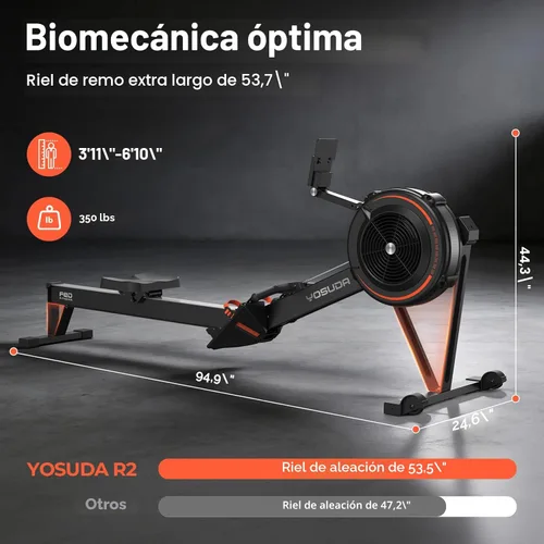 Miniatura 6 de YOSUDA R2 Máquina de remo para el hogar, máquinas profesionales de remo ajustables con resistencia al aire con monitor autoalimentado, riel de fila