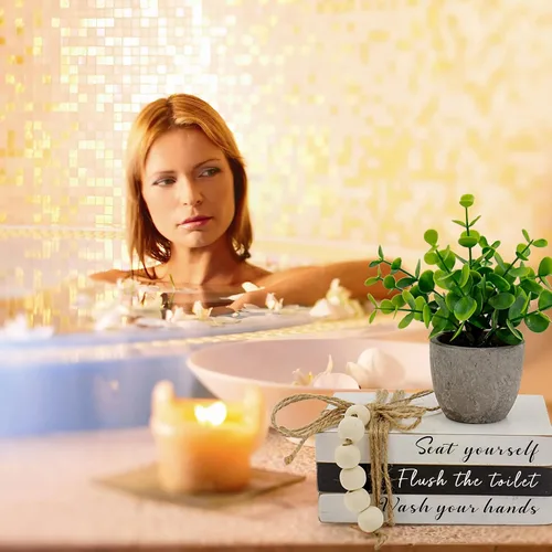 Miniatura 6 de Letreros Decorativos para Estante de Baño, Pila de Libros y Letreros Redondos 3D con Plantas Falsas, Divertida Decoración de Madera para Estante