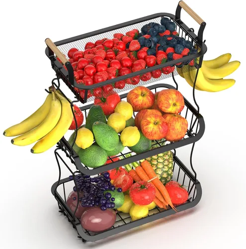 Miniatura 7 de Soporte para colgar plátanos de 2 niveles con 2 perchas, cesta grande de almacenamiento de frutas y verduras
