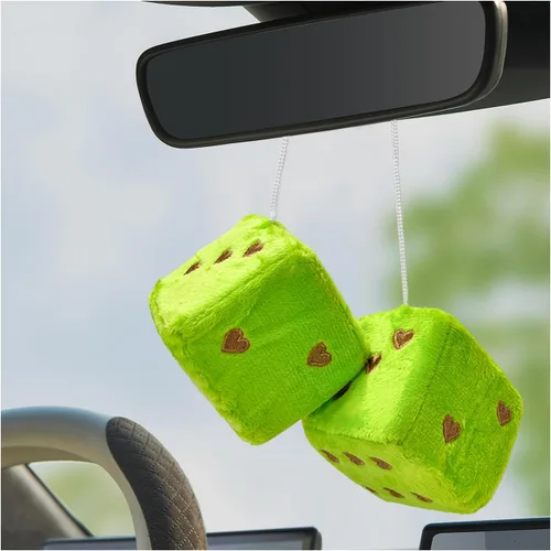 Miniatura 12 de 1 par de dados de felpa mullidos para espejo de automóvil, dados cuadrados retro de 3 pulgadas con forma de corazón, adorno colgante de dados retro