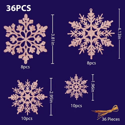 Miniatura 3 de Adornos para Árbol de Navidad en Copos de Nieve - 36 Piezas de Adornos Colgantes de Copo de Nieve de Oro Rosa con Purpurina para Árbol de Navidad