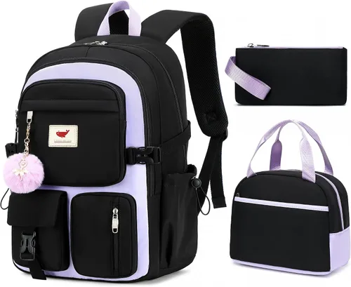 Miniatura 7 de Mochila para laptop de 15.6 pulgadas, para escuela primaria y secundaria, mochilas universitarias con lonchera y estuche para lápices, juego de 3