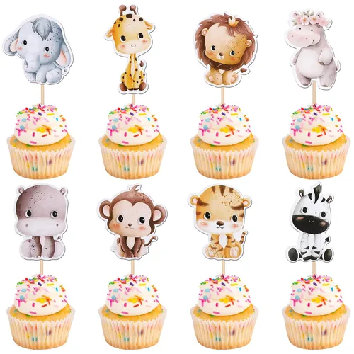 Miniatura 12 de 36 piezas de decoración para cupcakes de animales de la jungla, león, mono, cebra, hipopótamo, jirafa, elefante, temática de bosque, púas