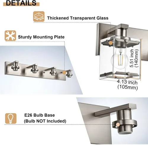 Miniatura 7 de Iluminación de aplique de pared de 2 luces con base de bombilla E26, lámpara de tocador de baño moderna de níquel cepillado para sobre espejo