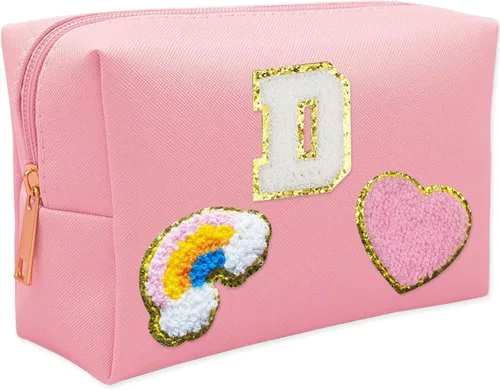 Bolsa de Maquillaje Preppy, Estuche de Lápices de Cuero PU Premium Impermeable Bolsa de Cosméticos con Sonrisa Corazón Arcoíris Bonita Bolsa de