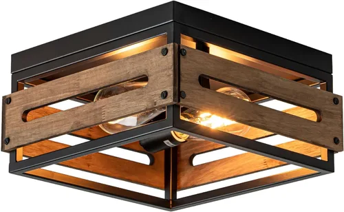 MAYNA Lámpara de techo de granja, lámpara de techo rústica de 2 luces con montaje empotrado de metal y madera, accesorios de iluminación de pasillo