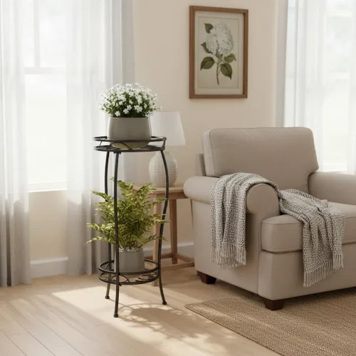 Miniatura 7 de Soporte para plantas para interiores y exteriores, soporte alto de metal negro resistente a la corrosión para plantas, 2 niveles de 27.1 pulgadas