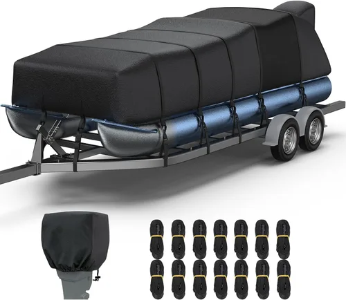 Miniatura 12 de RVMasking Cubierta para barco pontón con cubierta para motor, 1400D resistente reforzada en el medio, cubierta impermeable para barco de grado