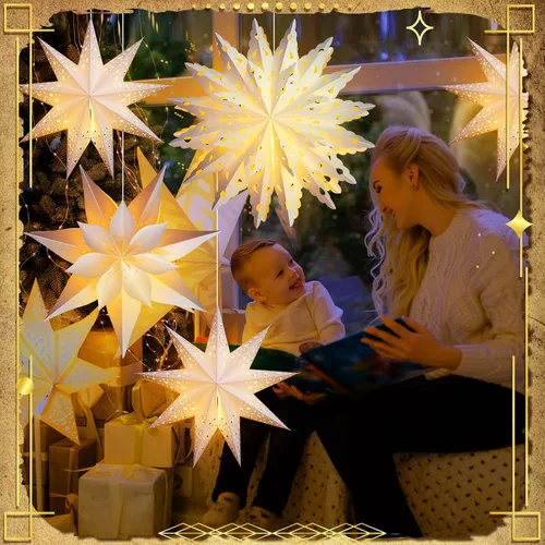 Miniatura 5 de Watersay Paquete de 6 Faroles de Papel de Copo de Nieve de Navidad Faroles de Papel de Estrella de Navidad con 6 Luces LED Blancas Ornamentos