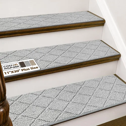 Miniatura 11 de COSY HOMEER - Alfombra antideslizante para escaleras, para interiores y escalones de madera, para niños y perros, 100 % poliéster, base de Beige