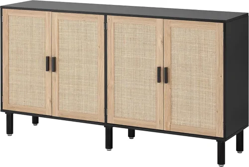 Miniatura 10 de Finnhomy Aparador Buffet de 4 Puertas, Gabinete de Almacenamiento de Cocina con Puertas Decoradas de Ratán, Mesa Consola de Alacena, Gabinete