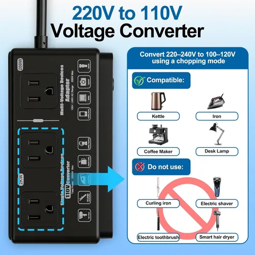 Miniatura 3 de 220v to 110v Travel Voltage Converter: International Universal Voltage Black Converter US to Europe Power Strip Plug Transformer - 2000W Electric