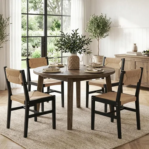 Miniatura 10 de Juego de 2 sillas de comedor de ratán modernas de mediados de siglo, sillas de cocina de madera de haya negra, sillas de comedor tejidas de granja
