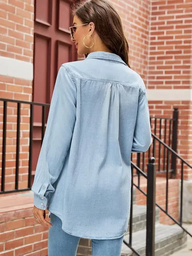 Miniatura 2 de Kedera Blusa clásica de manga largaenrollable para mujer, con botones y botones