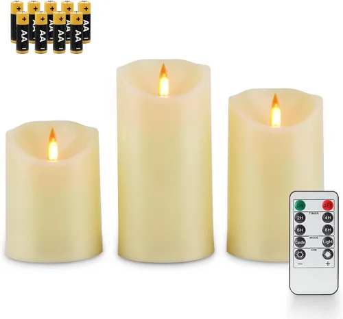 Fanna 3 velas LED sin llama color marfil con llamas parpadeantes dinámicas realistas para iglesia y bodas, velas de plástico a pilas con