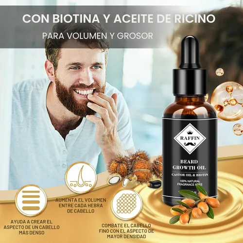 Miniatura 4 de RAFFIN Kit de crecimiento de barba, aceite para el crecimiento de la barba (2 onzas) con 3 biotinas espesantes y aceite de ricino para barba