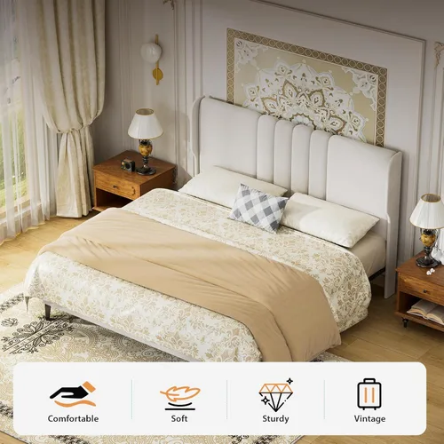 Miniatura 6 de GTPLAYER Base de cama de tamaño matrimonial, base de cama tapizada con cabecera alta con respaldo de alas, tela de terciopelo suave, no necesita
