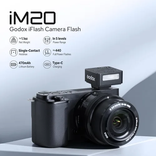Miniatura 2 de GODOX Mini flash iM20 para cámara, Godox Flash con batería incorporada, 440 destellos de potencia completa, GN10, carga USB-C, 5 niveles