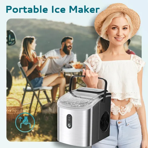 Miniatura 4 de EUHOMY Máquina de hielo portátil con asa de transporte, 26.5 libras por día, 9 cubos en 6 minutos, limpieza automática, con cesta y cuchara