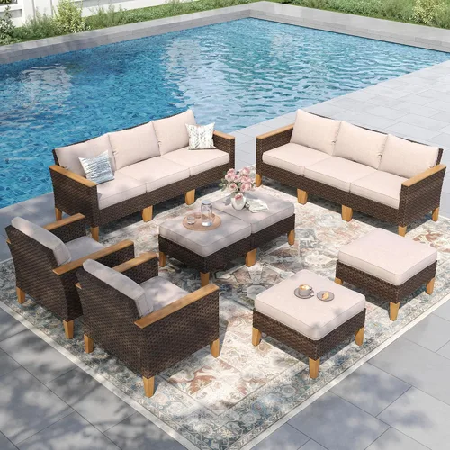 Miniatura 33 de PHI VILLA Otomana de mimbre para patio, 2 piezas, asiento otomano de mimbre para todo tipo de clima, reposapiés para exteriores con cojines