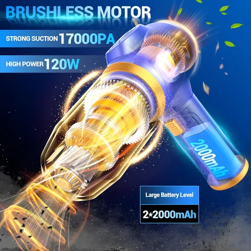 Miniatura 2 de Aspiradora de coche portátil inalámbrica de 17000 Pa Mini aspiradoras de mano inalámbricas con pantalla LCD y boquillas múltiples, alta potencia Azul