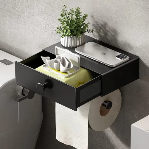 VOLDRA Soporte de papel higiénico con estante negro dispensador de toallitas para baño Soporte de papel higiénico con cajón de diseño de